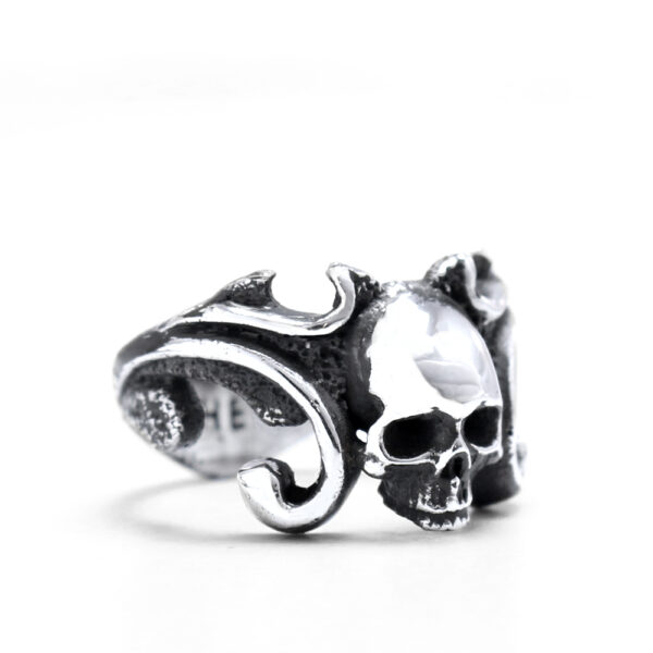 Ether11 Skull Ring with Scroll Shank Ether11 Sterling Silver Skull Ring with Scroll Shank