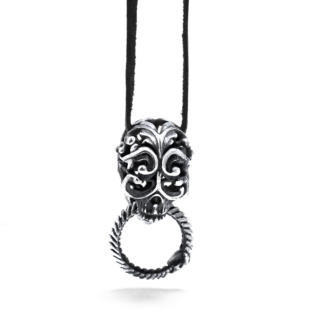 Ether11 Silver Filigree Skull with Ouroboros Pendant