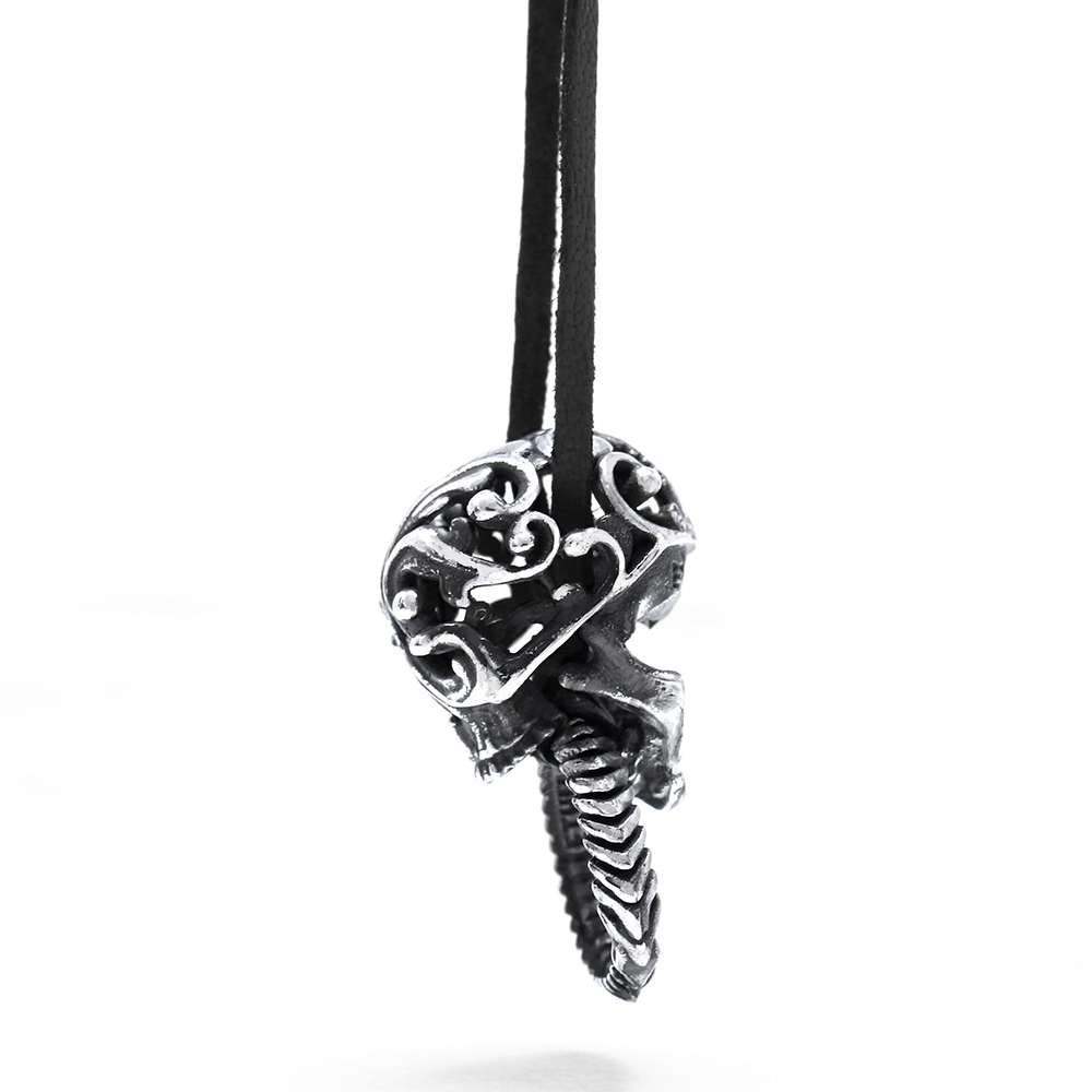 Ether11 Silver Filigree Skull with Ouroboros Pendant