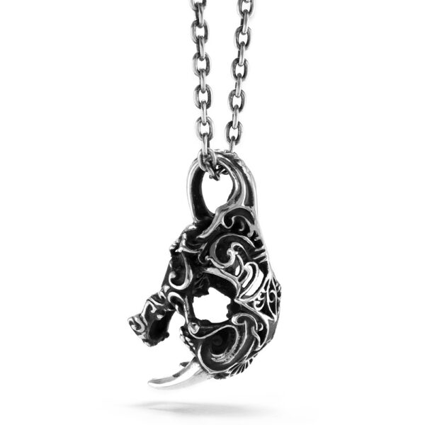 Ether11 Silver Art Nouveau Sabertooth Skull Pendant