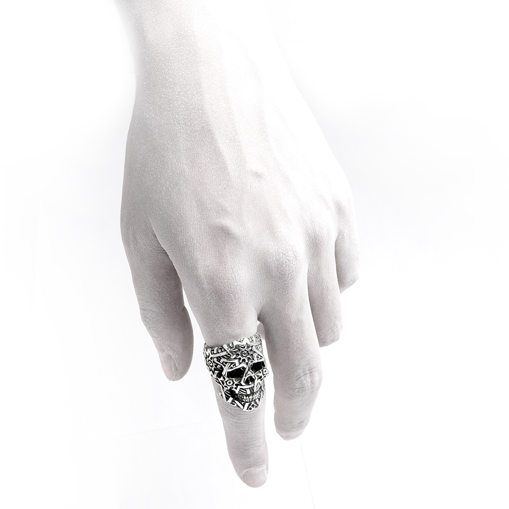 Ether11 Silver Sultan Skull Ring Geometric Patterns