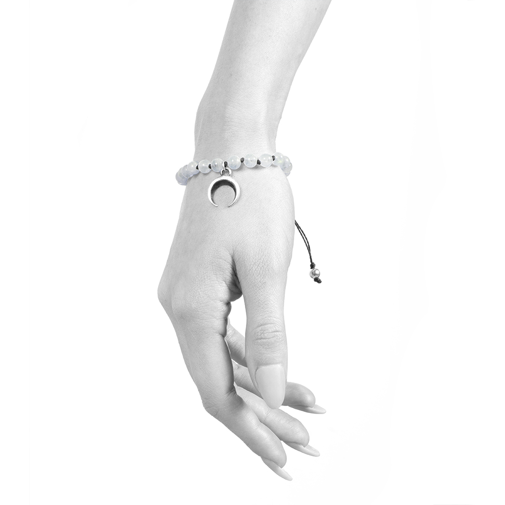 Ether11 Moonstone Bead Bracelet with Moon Charm Macrame Silver Clasp