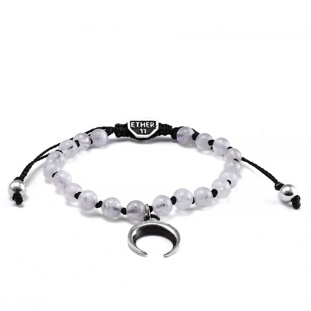 Ether11 Moonstone Bead Bracelet with Moon Charm Macrame Silver Clasp