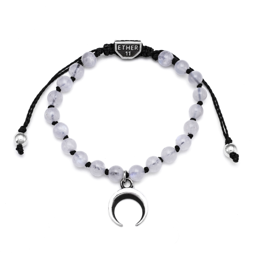 Ether11 Moonstone Bead Bracelet with Moon Charm Macrame Silver Clasp