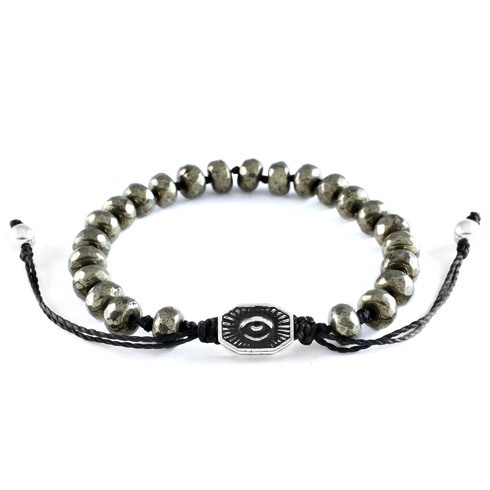 Ether 11 Faceted Pyrite Gemstone Bead Bracelet Macreme Clasp