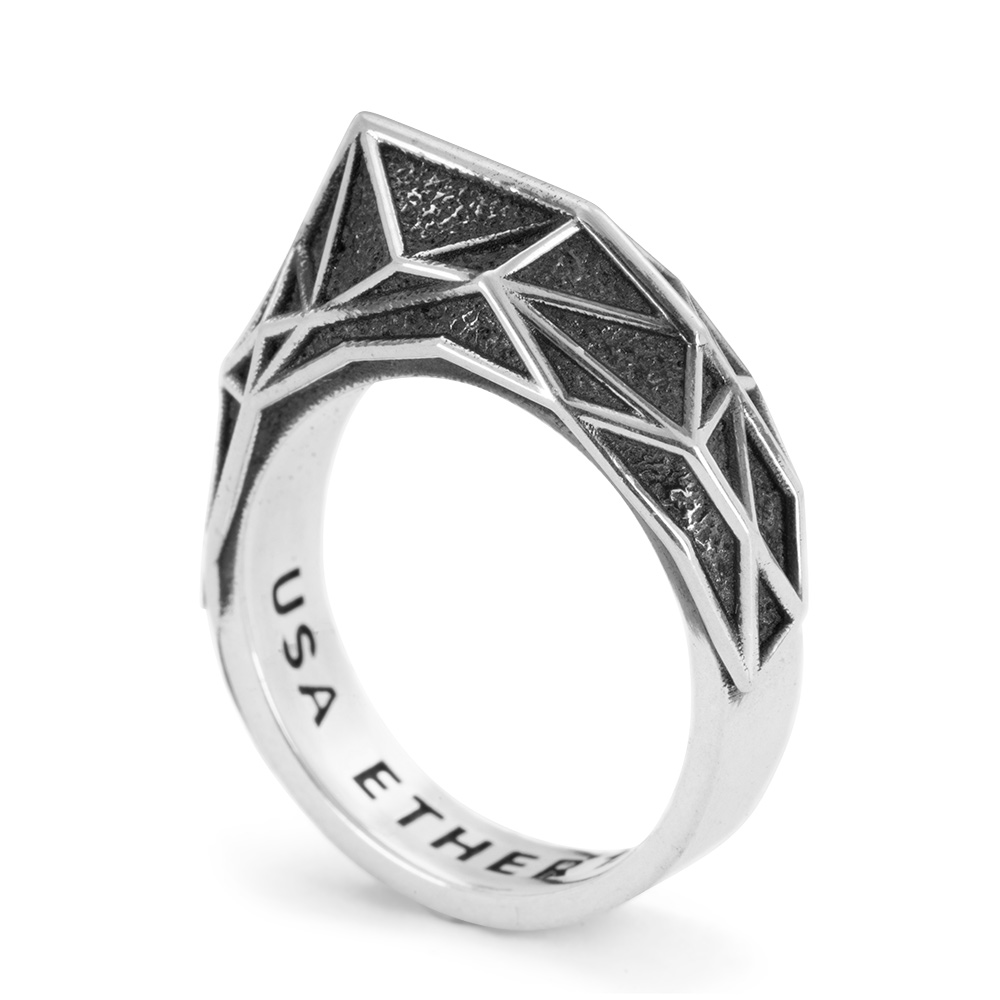 R046_Quantum_Ridge_Ring_alt1 Ether 11 Quantum Ridge Ring Cast in High Contrast Oxidized Sterling Silver. Geometric Edgy Design
