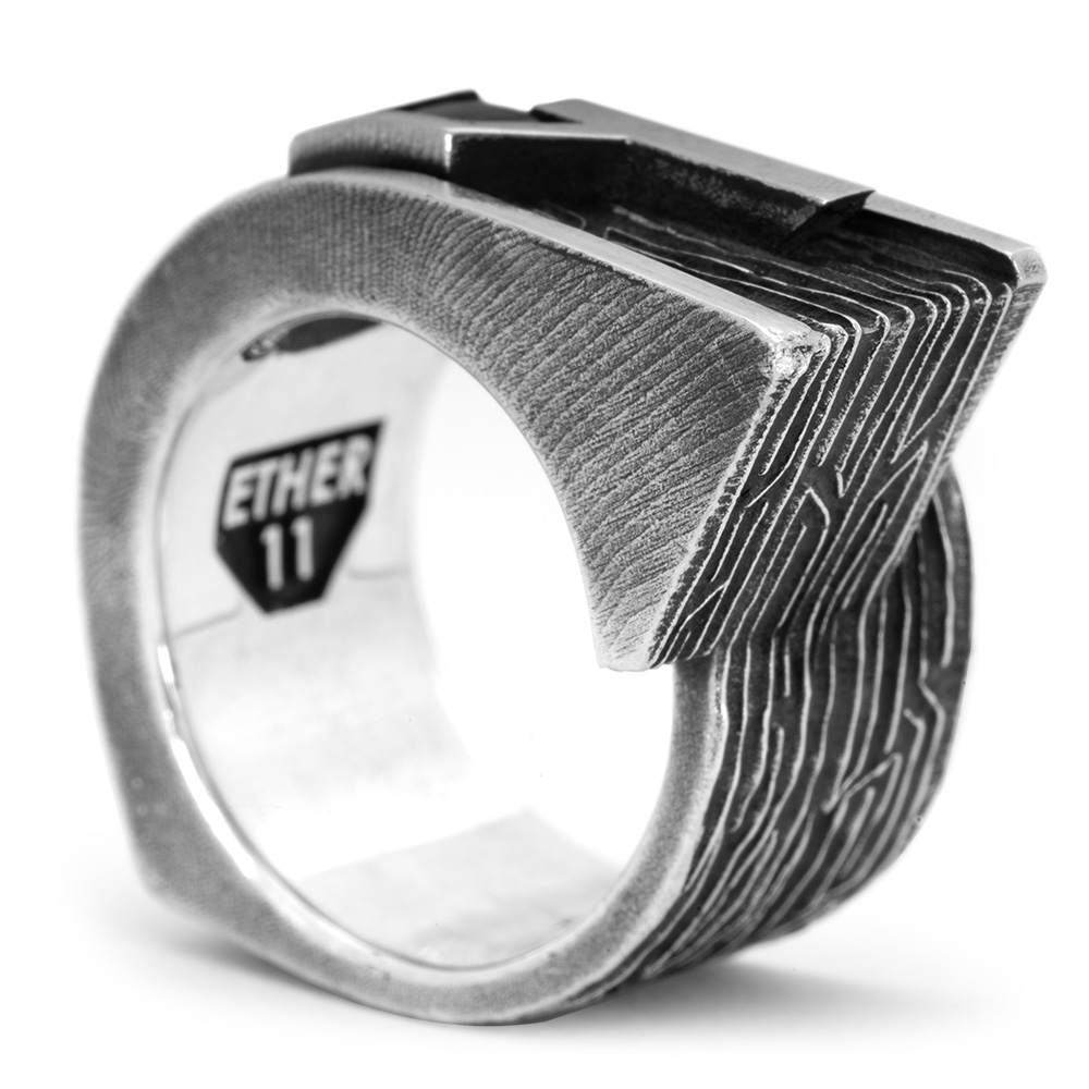 Rear view of the Gravity Ring with the Ether11 maker's mark stamped inside the sterling silver band.