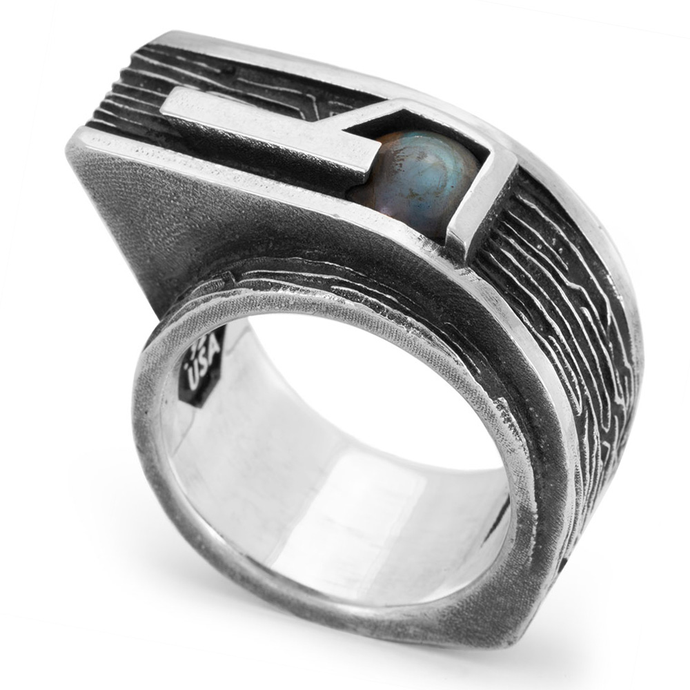 Gravity Ring with Labradorite — hero Gravity Ring — brutalist sterling silver statement ring set with a labradorite cabochon, from the Ether11 M31 collection, handmade in Los Angeles.