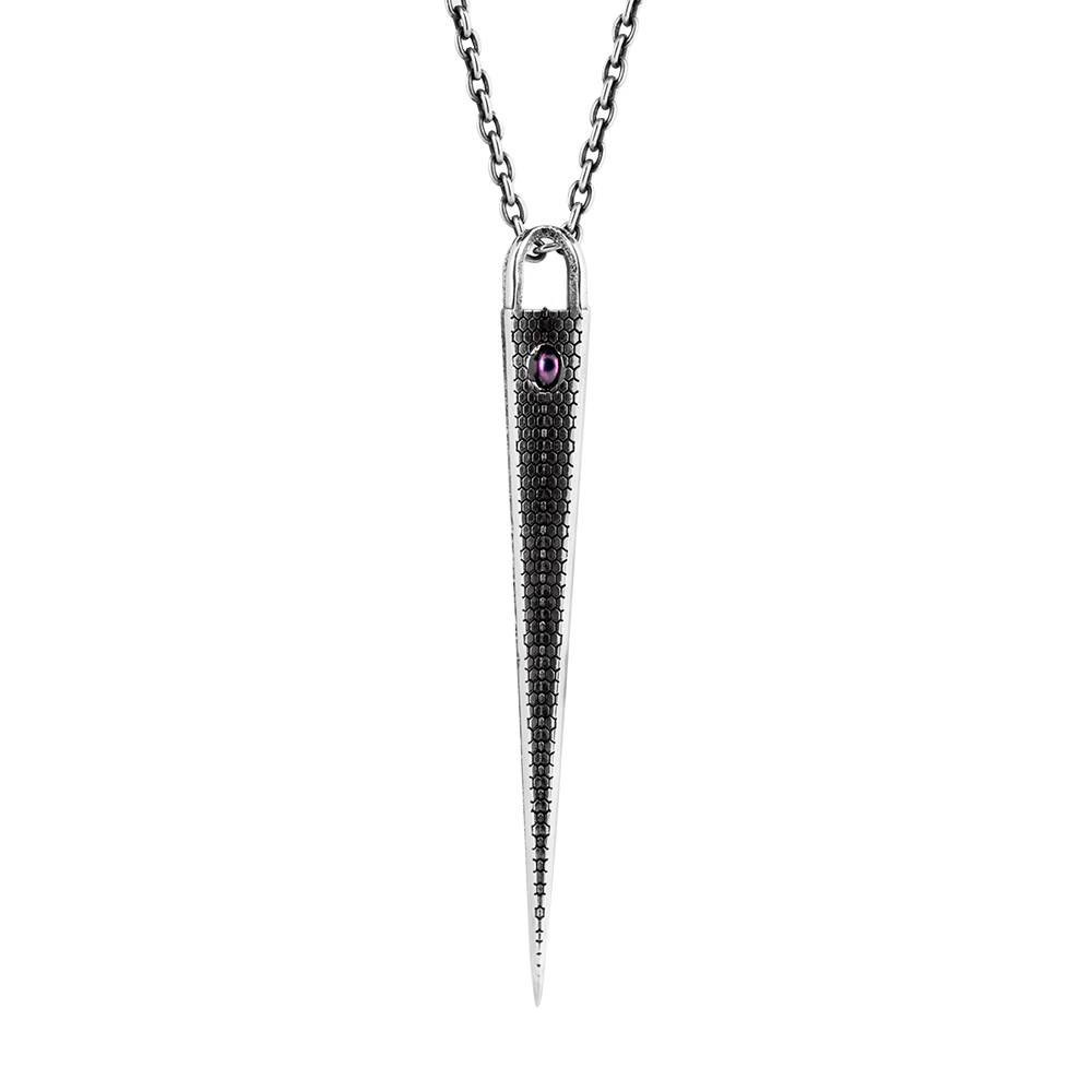 Front view of the Large Pendulum Pendant showing the honeycomb-textured silver face and amethyst cabochon.