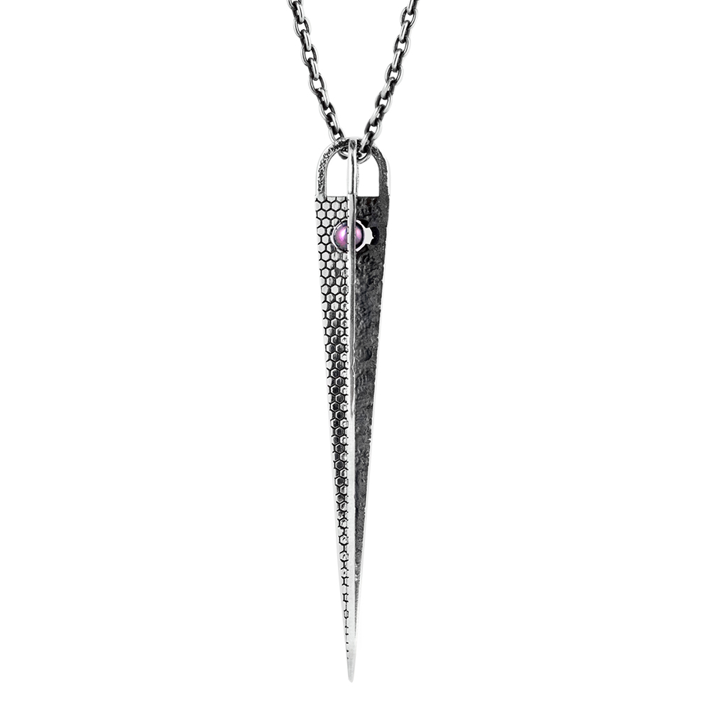 Large Pendulum Pendant — hero The Large Pendulum Pendant in sterling silver, a tapered spike set with an amethyst cabochon, on a sterling silver chain by Ether Eleven.