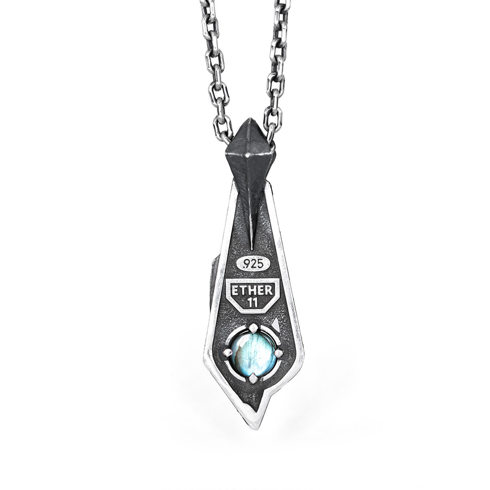 Reverse of the Memory Pendant showing the .925 and Ether 11 stamps above the labradorite cabochon in its beaded setting.