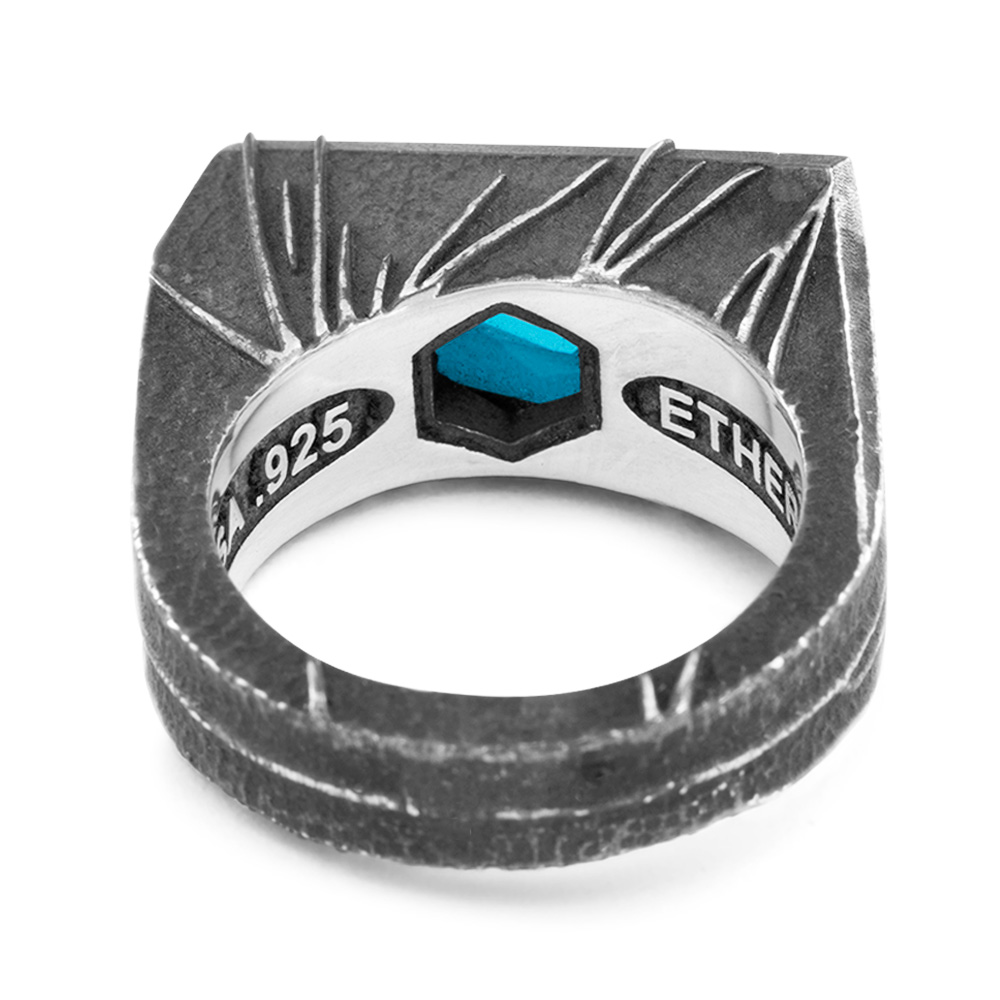 Rear view of the Momentum Ring showing the Ether 11 and .925 stamps inside the polished band and the stone's hexagonal seat.