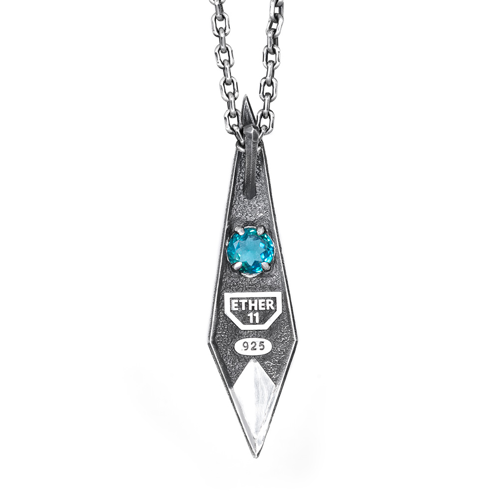 Reverse of the Shard Pendant showing the Ether 11 maker's mark and .925 stamp below the prong-set Paraiba tourmaline.