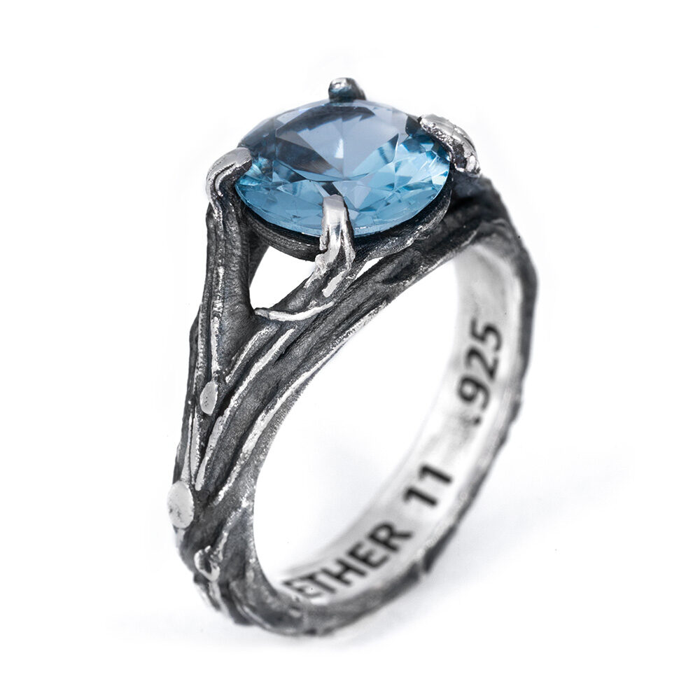 Side view of the Vine Ring showing the twisting vine shank in oxidized sterling silver and the .925 stamp inside the band.